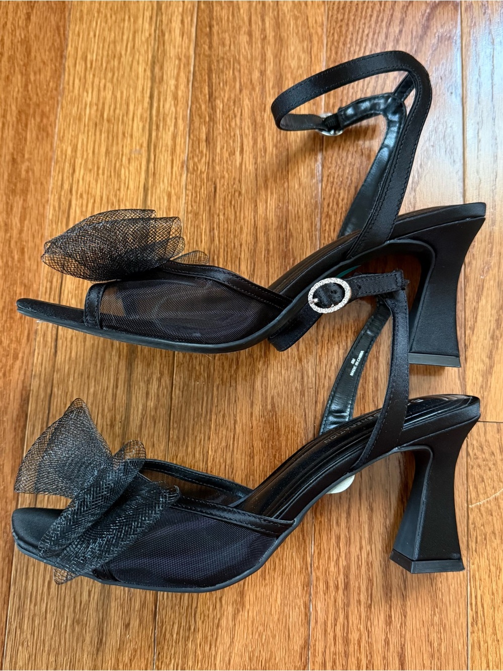 BCBGeneration Black Mesh Bow Ankle-Strap Heels
